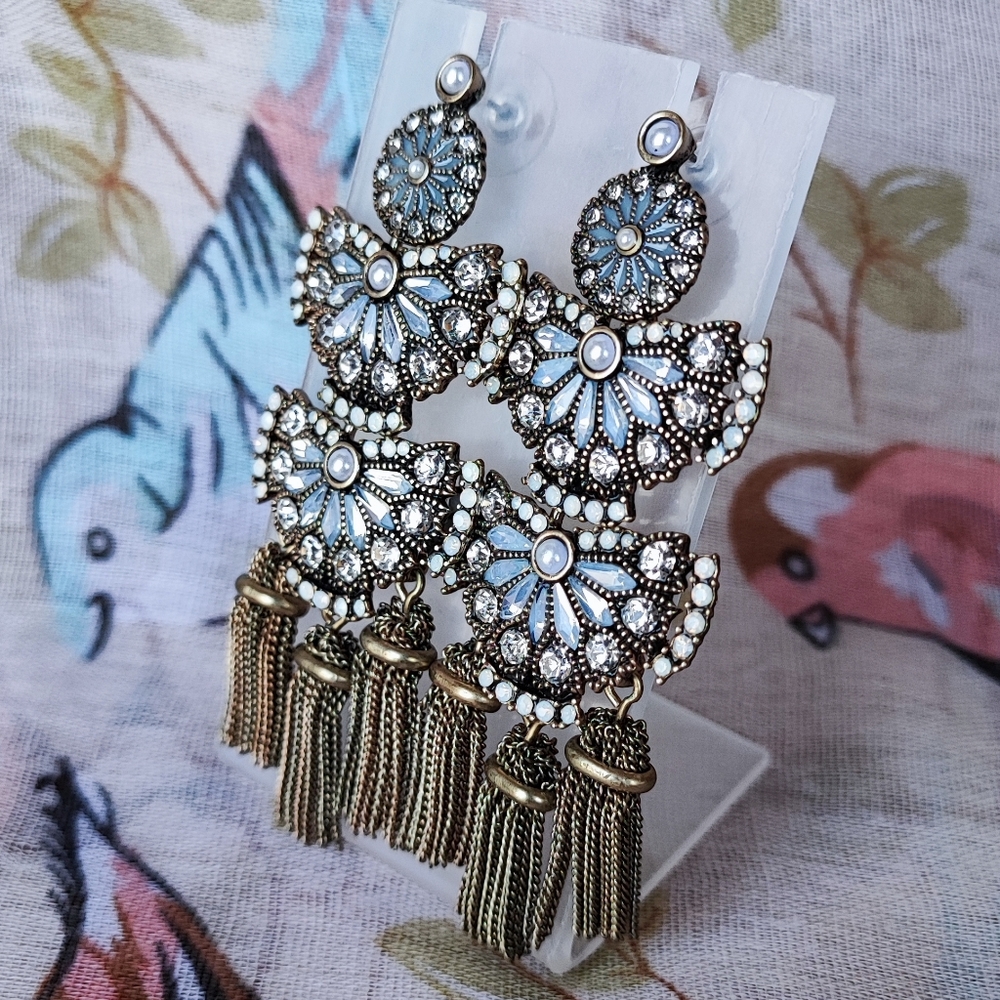 Chandelier Pierced Post Earrings Antique Brass Tassels Moonstone Faux Pearls